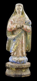 Santos, Virgin Mary type figure, carved wood w/ heavily worn painted finish, wear consistent with