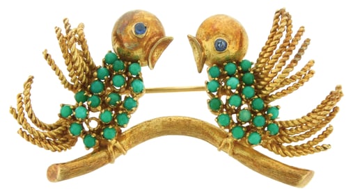JEWELRY: 18K Turquoise and Sapphire Love Bird Brooch, stamped and tested “18K?? yellow gold, two