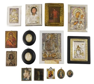 Religious-themed miniature artworks, fifteen pieces, details include: five fine silver repousse