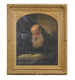 “Old Philosopher??, oil on canvas, an older gentleman sits deeply studying a book, he has a full