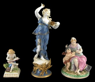 Scheibe Alsbach, etc., three classical porcelain figures, details include: Scheibe Alsbach, German,