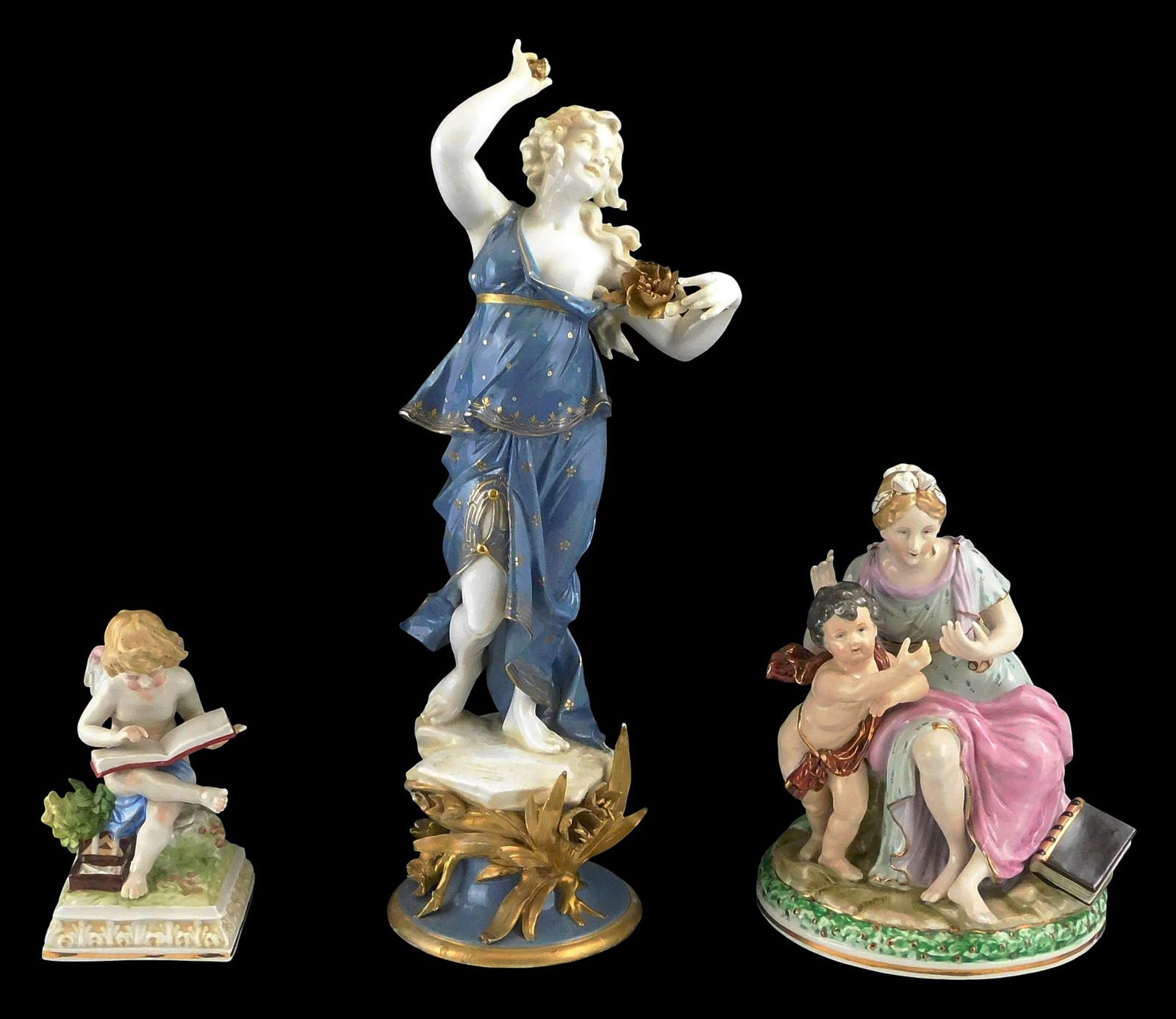 Scheibe Alsbach, etc., three classical porcelain figures, details include: Scheibe Alsbach, German,  (1 of 7)