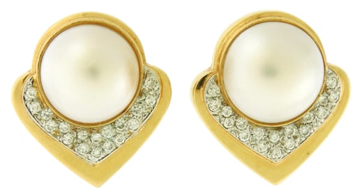 JEWELRY: 14K Mabe’ pearl and diamond earrings, heart design, non-pierced, stamped and tested
