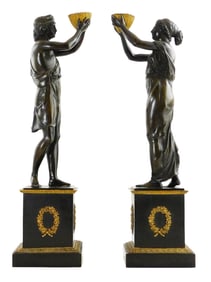 SCULPTURE: Pair of Neoclassical bronzes mounted on plinth bases, Grand Tour type, each a standing