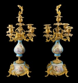 Pair of Louis XV Sevres-style French porcelain and ormolu candelabra, late 19th C., hand painted