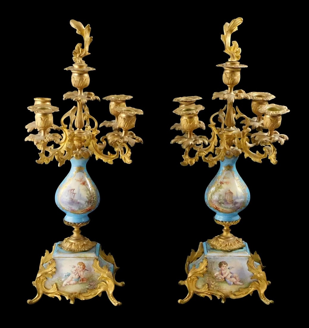Pair of Louis XV Sevres-style French porcelain and ormolu candelabra, late 19th C., hand painted Sèv (1 of 5)