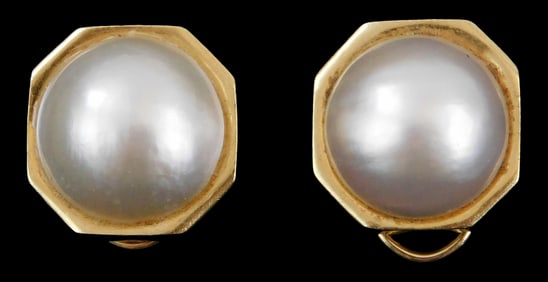 JEWELRY: 14K Mabe’ pearl earrings, octagonal shape setting, non-pierced, stamped and tested