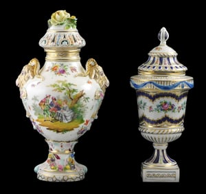Carl Thieme for Dresden, etc., two ornately decorated porcelain footed and lidded urns, including: