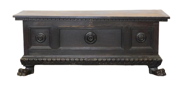 Italian Renaissance Revival cassone/ chest, 19th C., two-board lift top with carved dentil border to