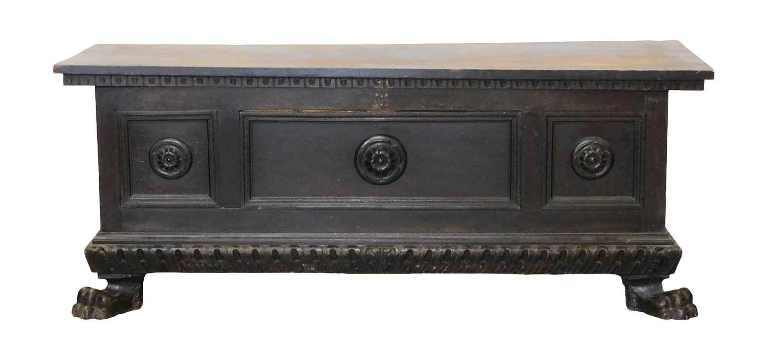 Italian Renaissance Revival cassone/ chest, 19th C., two-board lift top with carved dentil border to (1 of 5)