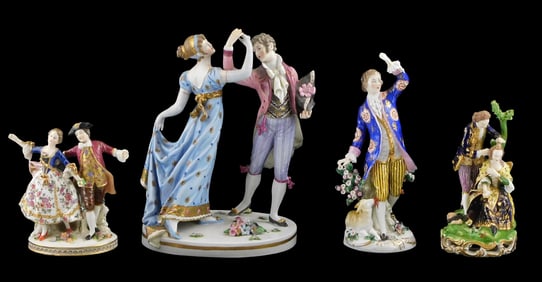Derby, etc., four porcelain figurines featuring people in period dress, the first a 19th C. Derby