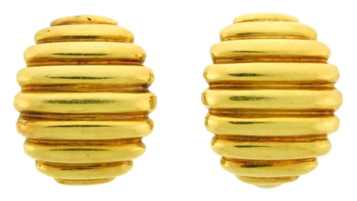 JEWELRY: 18K Gold earrings, tapered shrimp design, non-pierced, stamped and tested “750, 18K