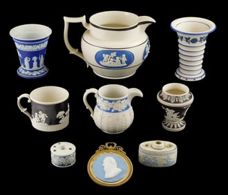 Wedgwood, etc. jasper ware, nine pieces, details include: Wedgwood cobalt vase with raised