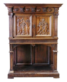 Renaissance Revival chest on stand, late 19th C., Continental, flat top with molded decoration and