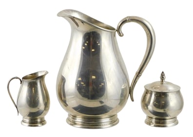 STERLING: "Royal Danish" by International Sterling, three pieces: water pitcher, covered sugar and