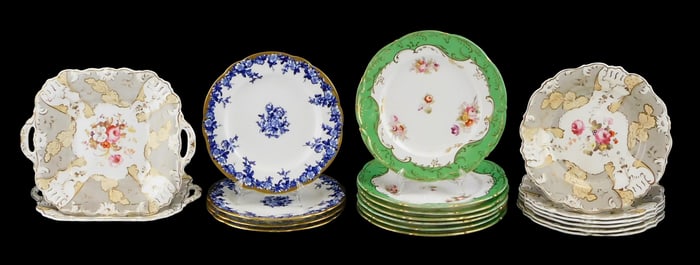 Hand-painted porcelain dessert plates, three patterns, nineteen pieces total, including: four 9"