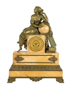 CLOCK: French Empire sienna marble and bronze mantel clock, 19th C., featuring Greek Goddess Urania,