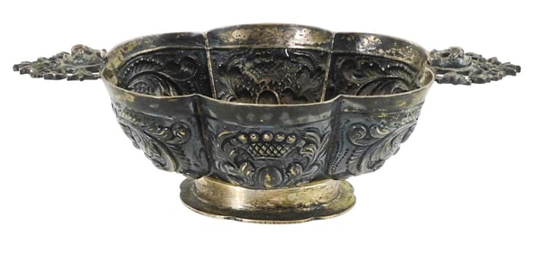 SILVER: Continental silver bowl, early 20th C., two handles, repousse decoration, with German Hanau