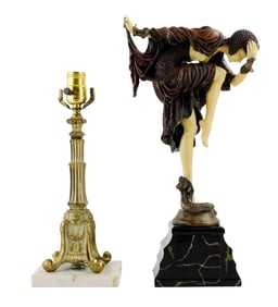 Sculpture after Claire Jeanne Roberte Colinet and brass column table lamp, After Claire Jeanne