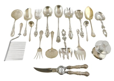 STERLING: Eighteen pieces of ornate serving ware, all marked sterling, varied makers including