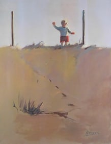 Allen Hermes (American,1913-2004), "Boy on Sand Dune", oil on canvas, depicting small child at top