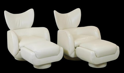Pair of Vladimir Kagan for Directional "Wingback Swivel" armchairs and ottomans, c. 1980's, ecru