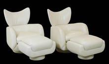 Pair of Vladimir Kagan for Directional "Wingback Swivel" armchairs and ottomans, c. 1980's, ecru