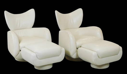 Pair of Vladimir Kagan for Directional "Wingback Swivel" armchairs and ottomans, c. 1980's, ecru: Pair of Vladimir Kagan for Directional "Wingback Swivel" armchairs and ottomans, c. 1980's, ecru leather, wear consistent with age and use, one chair with discoloration on arm rest, one ottoman with s