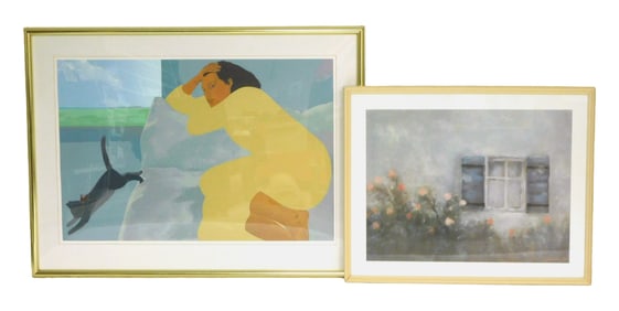 Pegge Hopper, etc., two framed prints including: Pegge Hopper (American, b. 1936), "Woman with Cat",