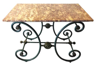 French bakers table with marble top, cross-braced green painted iron frame with spiraling design,