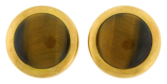JEWELRY: 14K Tiger’s Eye earrings, round, non-pierced, stamped and tested “585??, 14K yellow