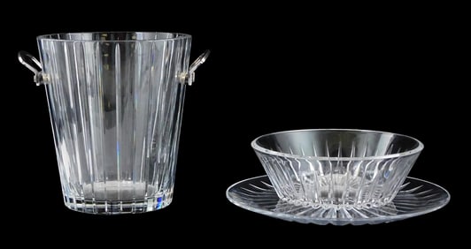 GLASS: Baccarat and Val St. Lambert cut crystal servingware, MCM style, three pieces, all signed on