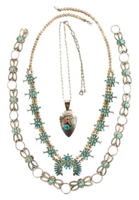 JEWELRY: Three pieces of southwest jewelry including a squash blossom necklace,turquoise type