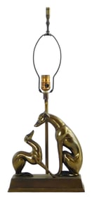 LAMP: Art Deco, early 20th C., two sculptural grey hounds on base, oblong shade with damage, wear