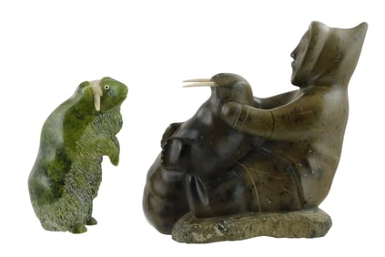 Two Inuit hardstone carvings, including: green musk ox, horns are added bone, markings to bottom,