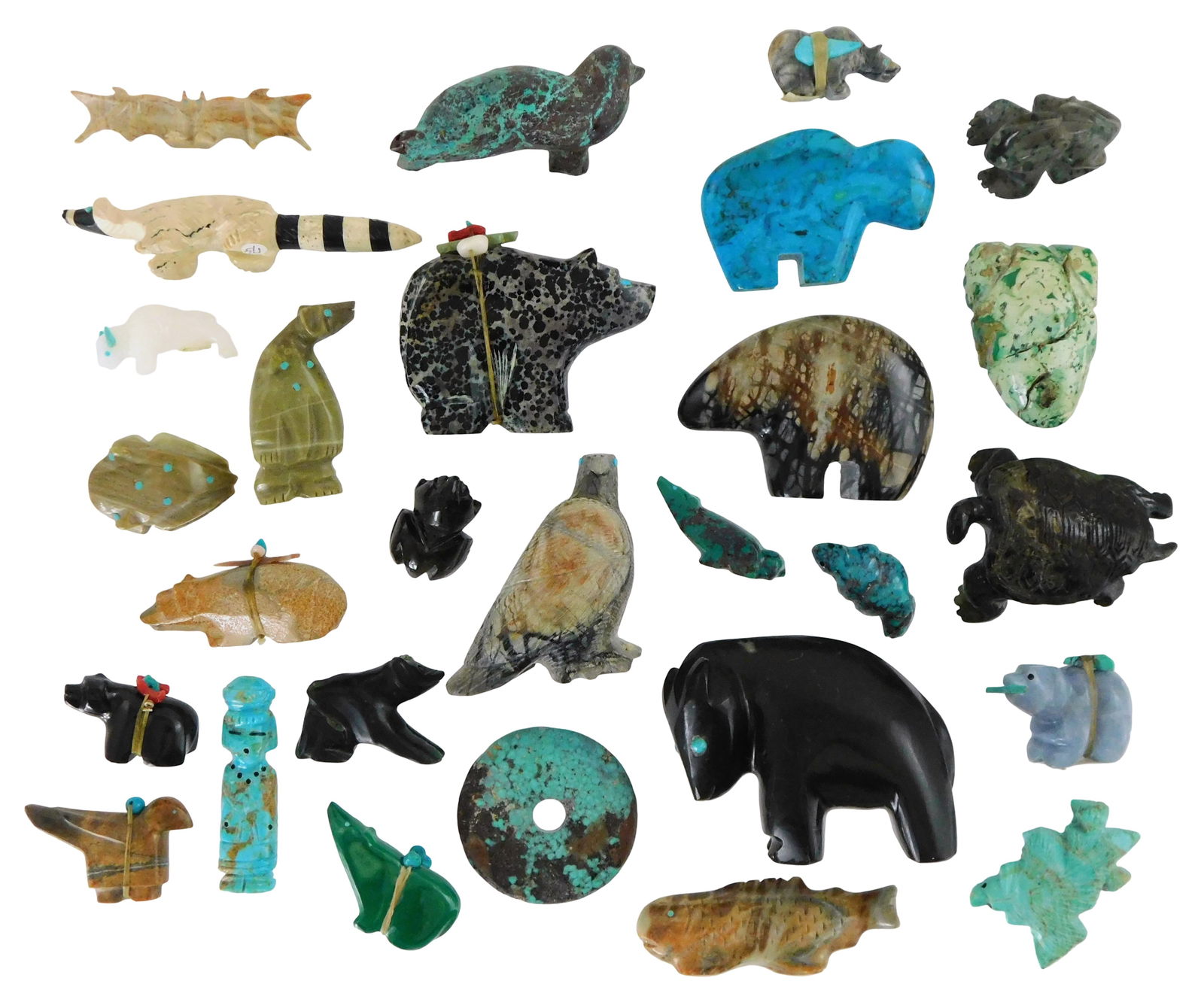 Native American: Zuni and Navajo carved stone fetishes, 25+ including ten Bears, three frogs, a racc (1 of 4)