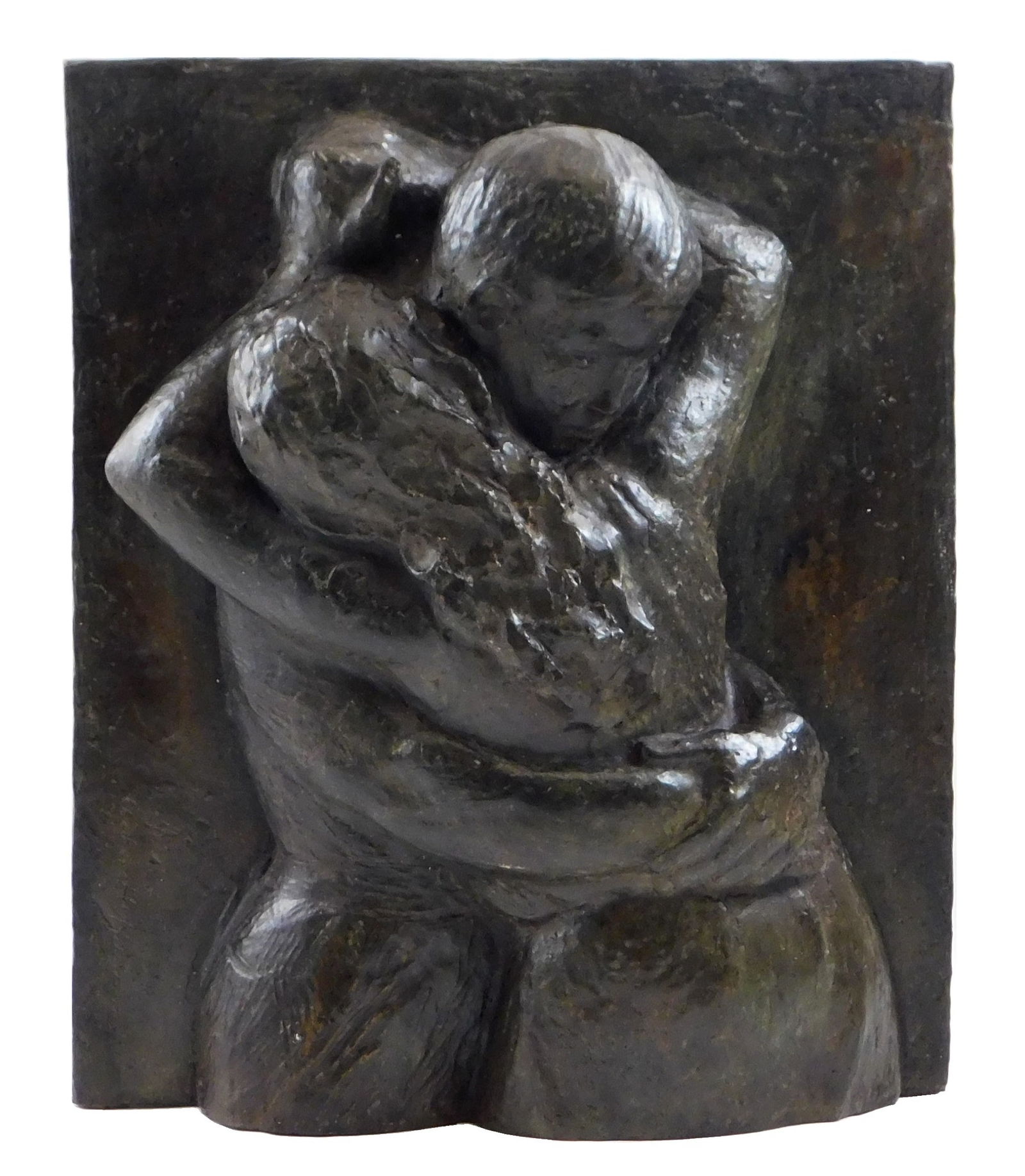 SCULPTURE: Anker Hoffman (Danish, 1904-1985), "Embrace", 1950, bronze, signed and numbered on lower : SCULPTURE: Anker Hoffman (Danish, 1904-1985), "Embrace", 1950, bronze, signed and numbered on lower left, half-portrait of couple embracing, wear consistent with age and use, 15" h. x 13" w. x 5" d.