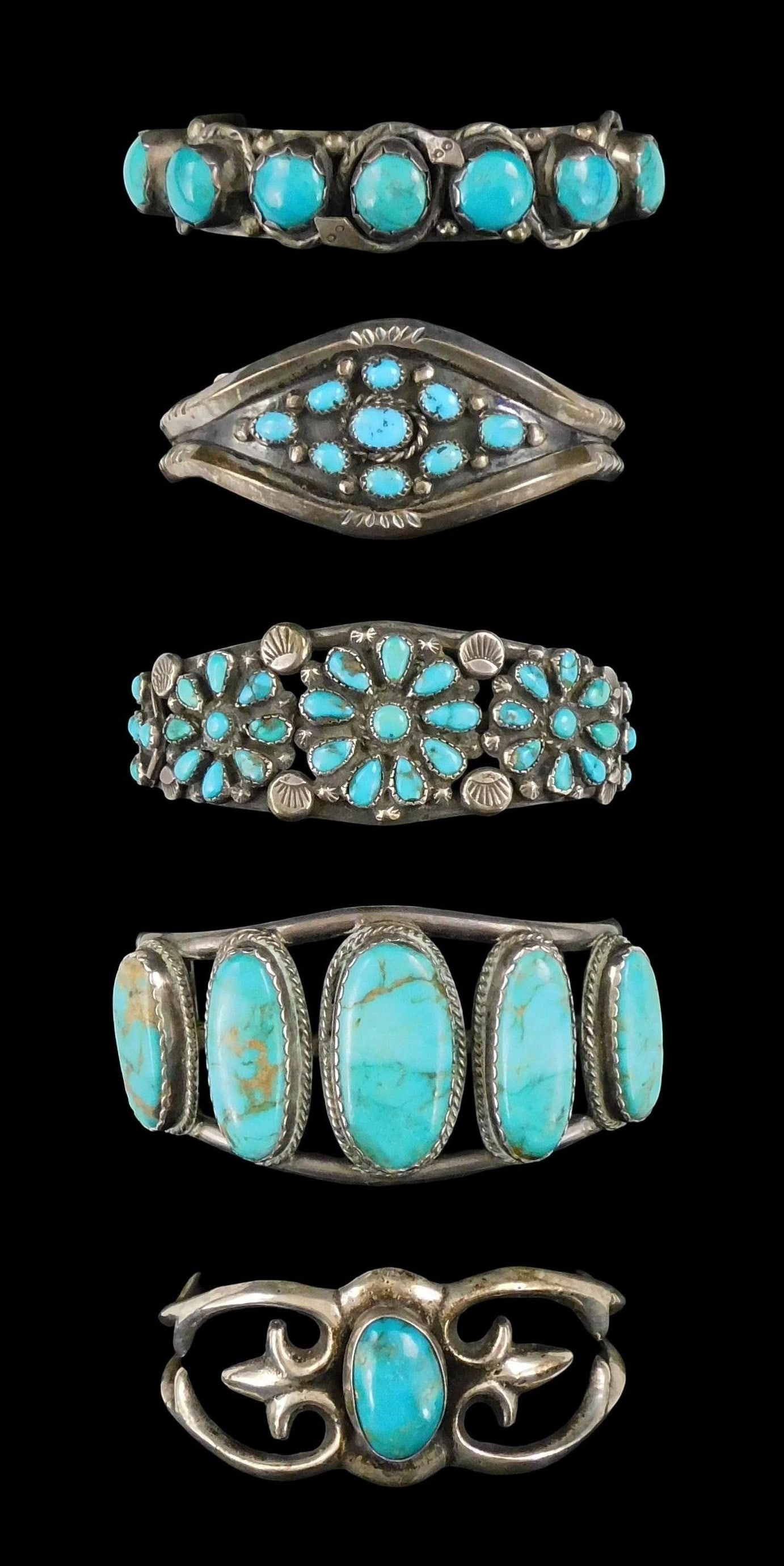 JEWELRY: Five Southwest style silver & turquoise cuff bracelets, two stamped sterling, three tested : JEWELRY: Five Southwest style silver & turquoise cuff bracelets, two stamped sterling, three tested silver, wear consistent with age and use on all including tarnish, three signed by artisans, all app