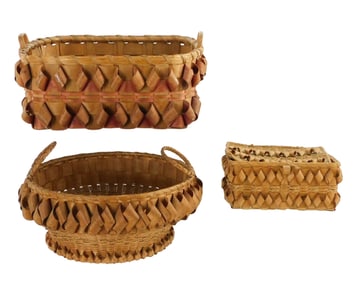 Three Micmac Native American baskets, New England/Canada, porcupine weave, plaiting and braiding,