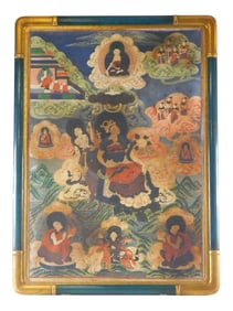 ASIAN: Chinese/Tibetan Buddhist thangka, 20th C., oil/ mixed media on paper, depicts numerous