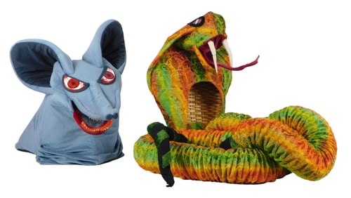 Cobra and rat theatrical costume headpieces, each have angry grimacing expressions with red