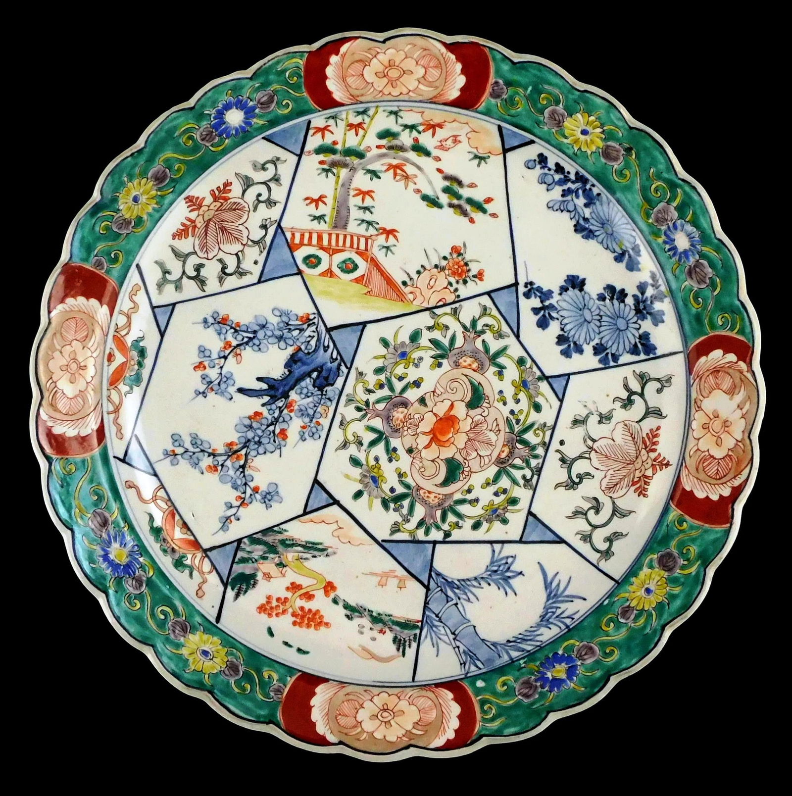 ASIAN: Imari porcelain charger, Japanese, 19th/20th C., with blue-green border and scalloped rim, ha (1 of 2)