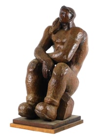 Contemporary wood carved seated figurative sculpture, he sits shirtless with stylized oversized