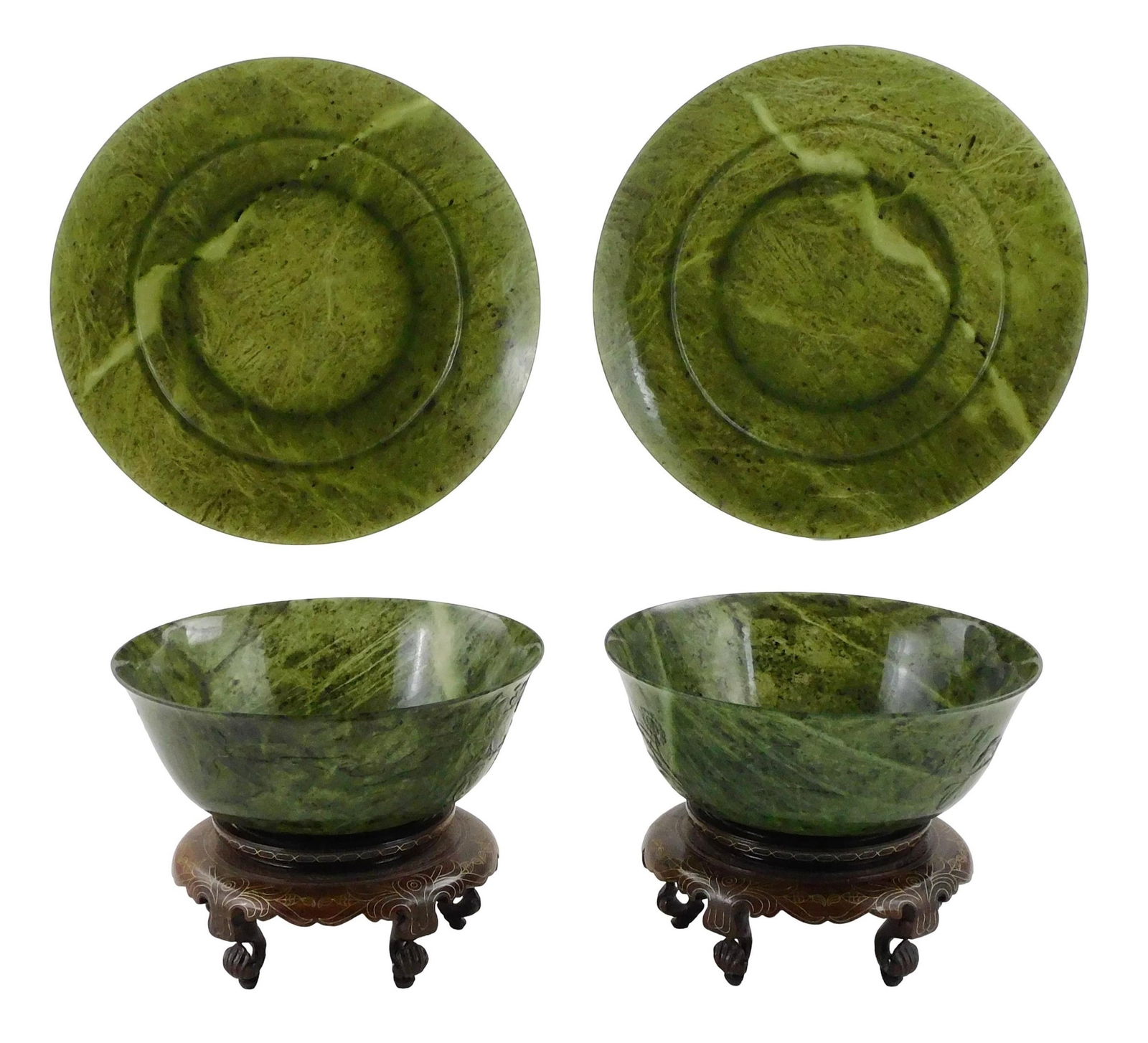 +ASIAN: Two pairs of carved hardstone plates and bowls, Chinese, 20th C., four pieces total, likely  (1 of 2)