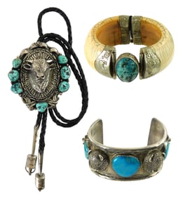 JEWELRY: Three pieces of Southwest jewelry including a silver and turquoise buffalo bolo tie; a