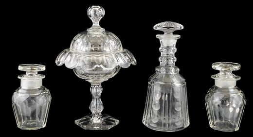 Clear cut glass pieces, details include: lidded sweetmeat dish, ovoid cut design throughout, 12