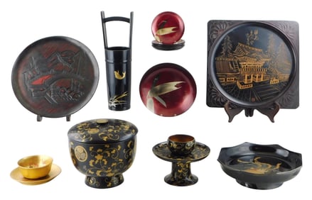 ASIAN: Lacquered vase, bowls, bucket, plates, etc., mostly Japanese, fourteen pieces, details