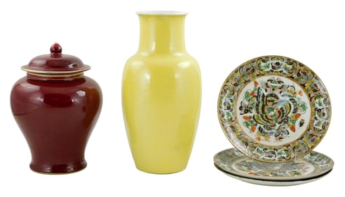ASIAN: Chinese and Japanese porcelain, five pieces, including: three Chinese Export plates, 19th C.,