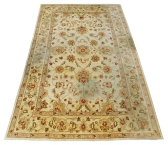 RUG: Modern Persian design style carpet, wool on cotton, cream ground with accents of pastel green,