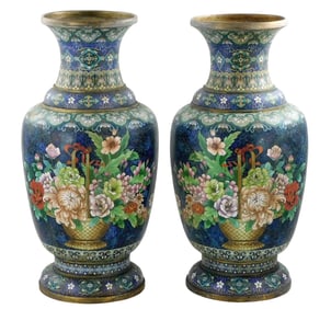 ASIAN: Pair of large cloisonné vases, Chinese, late 19th/ 20th C., baluster form, polychrome floral